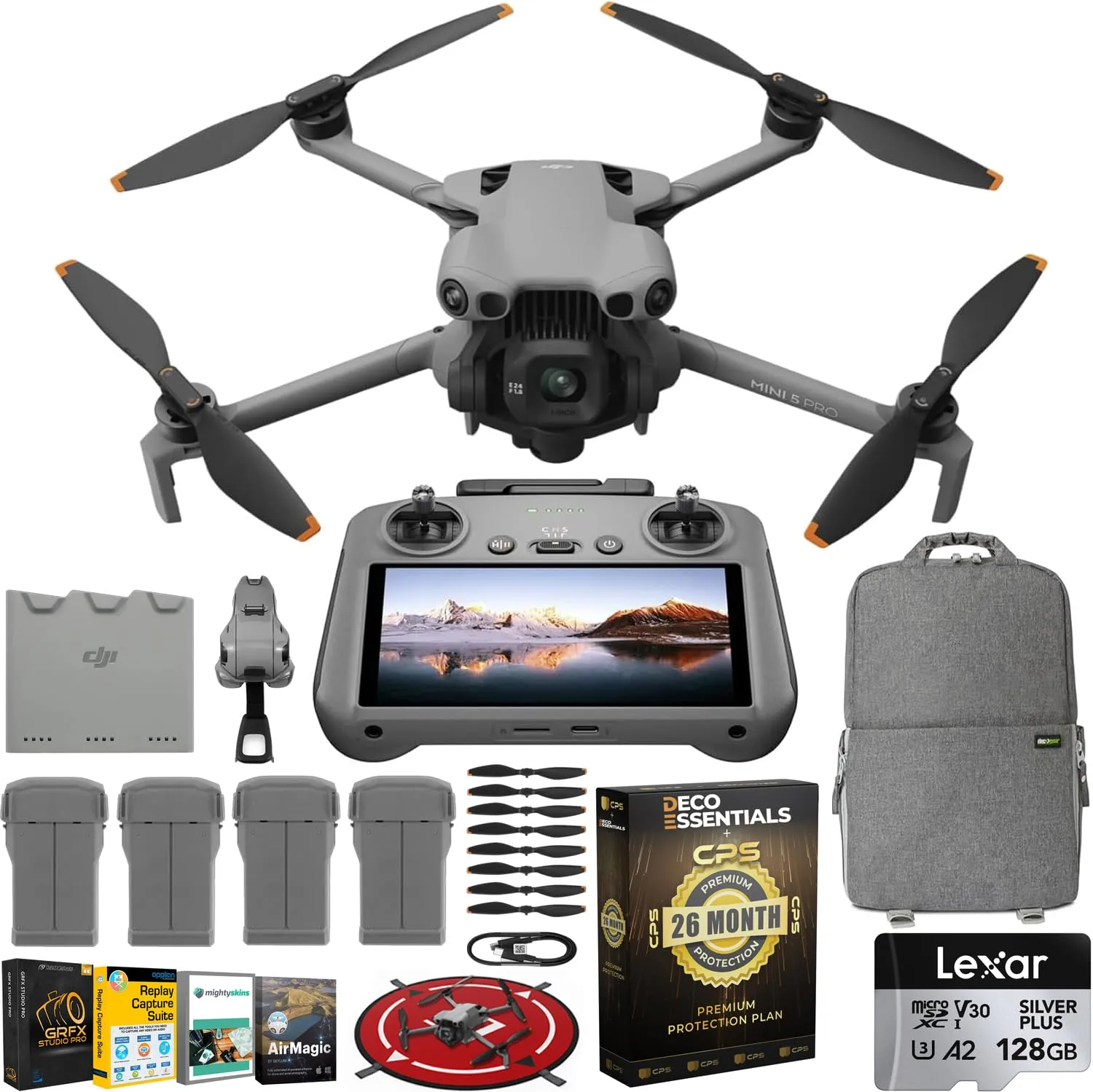 DJI Mini 5 Pro Drone Fly More Combo with RC 2, 1" CMOS Sensor, 4K Video, Obstacle Sensing, 4 Battery Bundle with Deco Essentials CPS Exclusive 26 Month Protection Pack and Accessories Kit