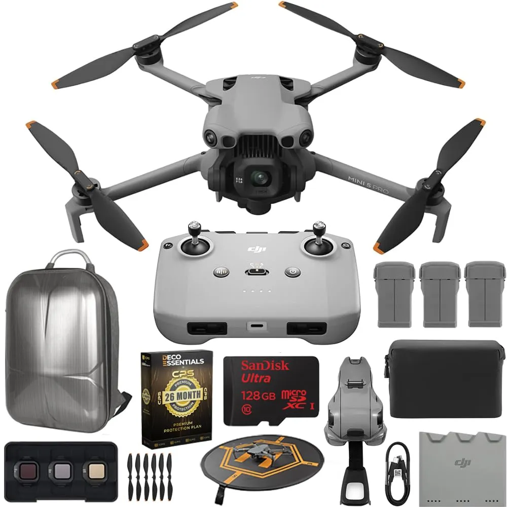 DJI Mini 5 Pro Drone Fly More Combo with RC 2, 1" CMOS Sensor, 4K Video, Obstacle Sensing, 4 Battery Bundle with Deco Essentials CPS Exclusive 26 Month Protection Pack and Accessories Kit